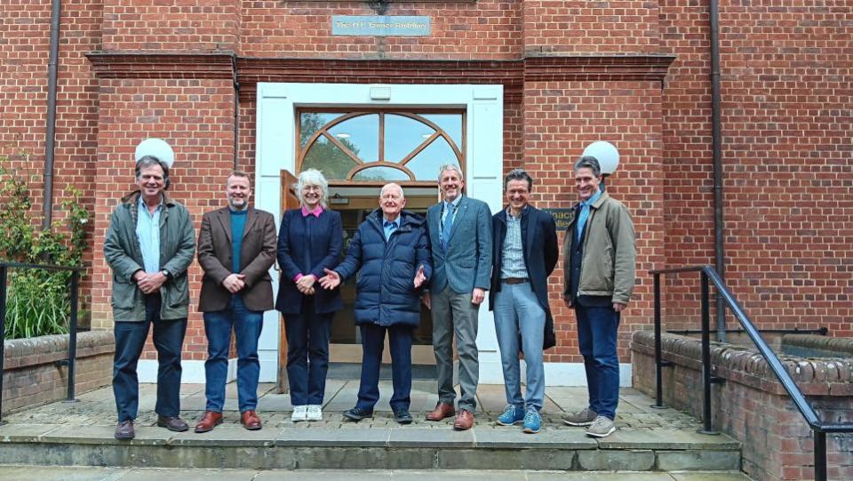 Oxford Mail: (L-R) Dr John Ingram from ECI, James Wallace, CEO at River Action UK, Anna Eavis, CEO at Oxford Preservation Trust, Barry Sheerman MP, Dr Nick Leimu-Brown, principal, Linacre College, prof Michael Obersteiner, ECI, and prof Myles Allen, ECI