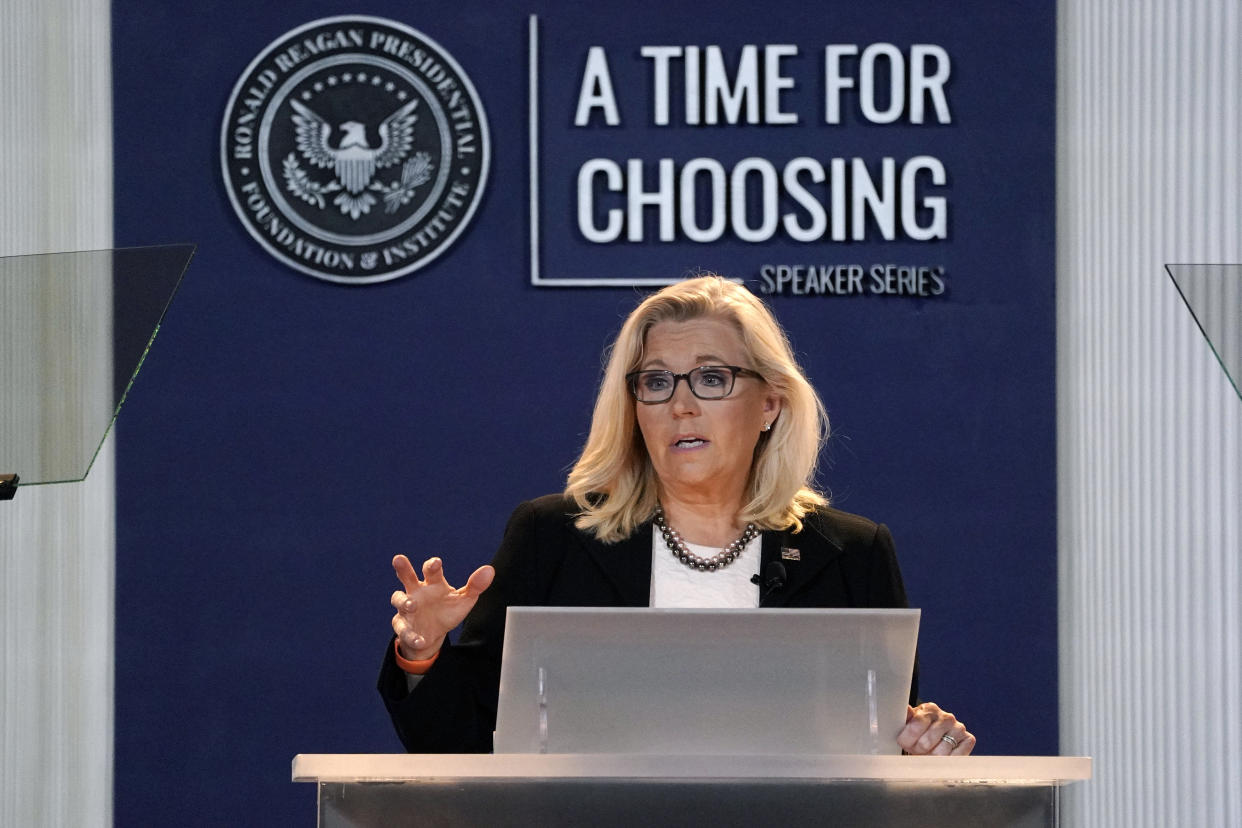 FILE - Rep. Liz Cheney, R-Wyo., vice chair of the House Select Committee investigating the Jan. 6 U.S. Capitol insurrection, delivers her "Time for Choosing," speech at the Ronald Reagan Presidential Library and Museum Wednesday, June 29, 2022, in Simi Valley, Calif. Former congresswoman Cheney will give a graduation speech Sunday, May 28, 2023, at Colorado College, a Colorado liberal arts college that is her alma mater, amid questions about her political future and promise to prevent Donald Trump from becoming president again. (AP Photo/Mark J. Terrill, File)