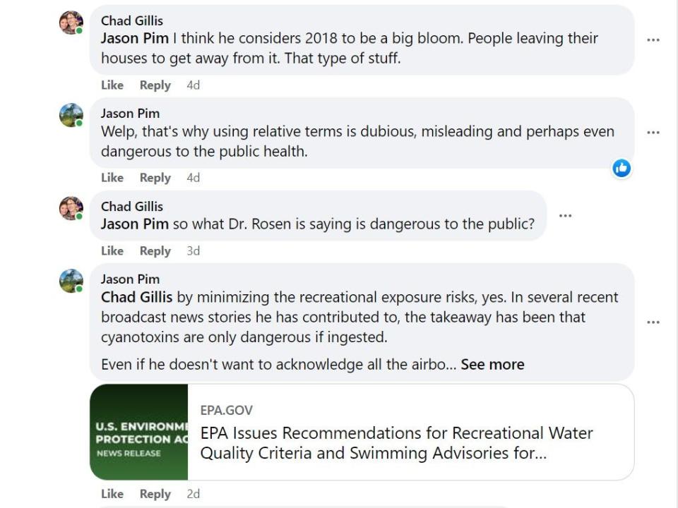 An exchange between News-Press reporter Chad Gillis and Calusa Waterkeeper secretary Jason Pim shows he thinks a local water quality expert is endangering public health by downplaying this summer's algae bloom conditions.