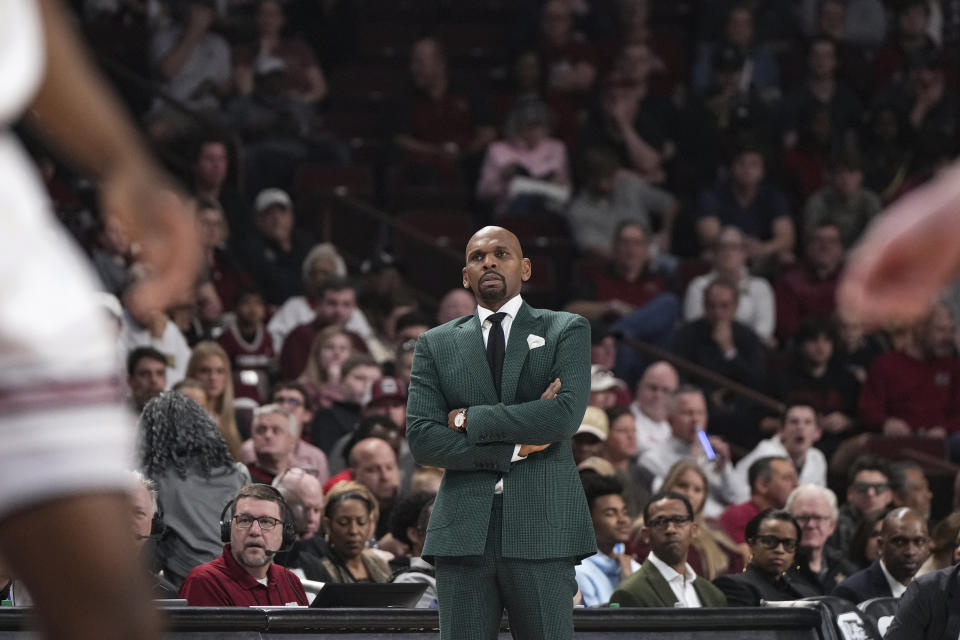 Vanderbilt head coach Jerry Stackhouse watches his team against South Carolinaj during the first half of an NCAA college basketball game, Saturday, Feb. 10, 2024, in Columbia, S.C. (AP Photo/David Yeazell)