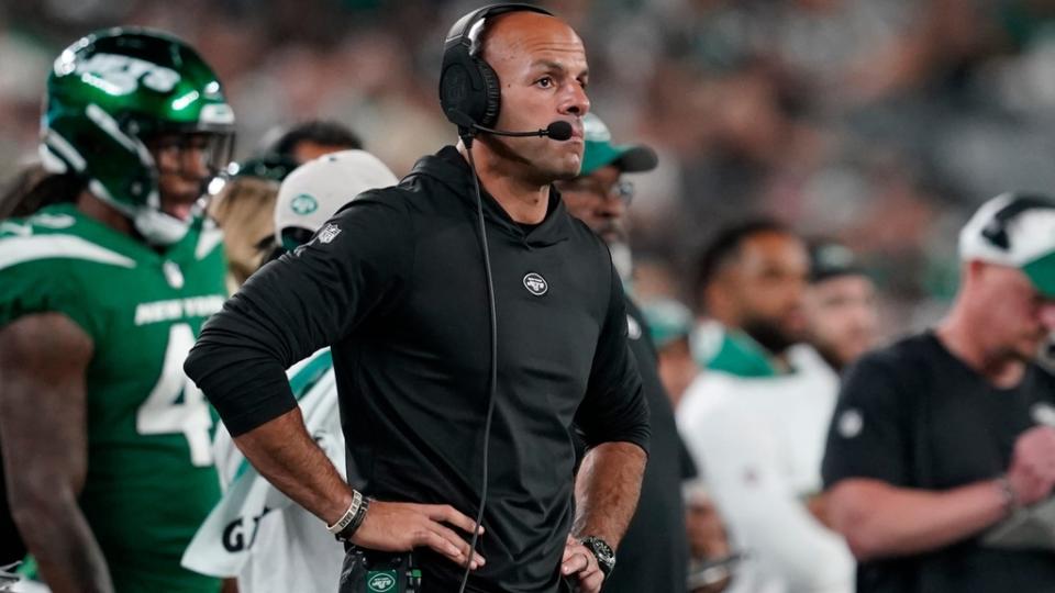 New York Jets head coach Robert Saleh on the sideline in the second half. The Buccaneers defeat the Jets, 13-6, in a preseason NFL game at MetLife Stadium on Saturday, Aug. 19, 2023, in East Rutherford.