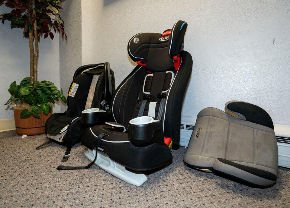 Children's car seats are seen at the Hanan Refugee Relief Group offices on Thursday February 29, 2024, in Milwaukee.