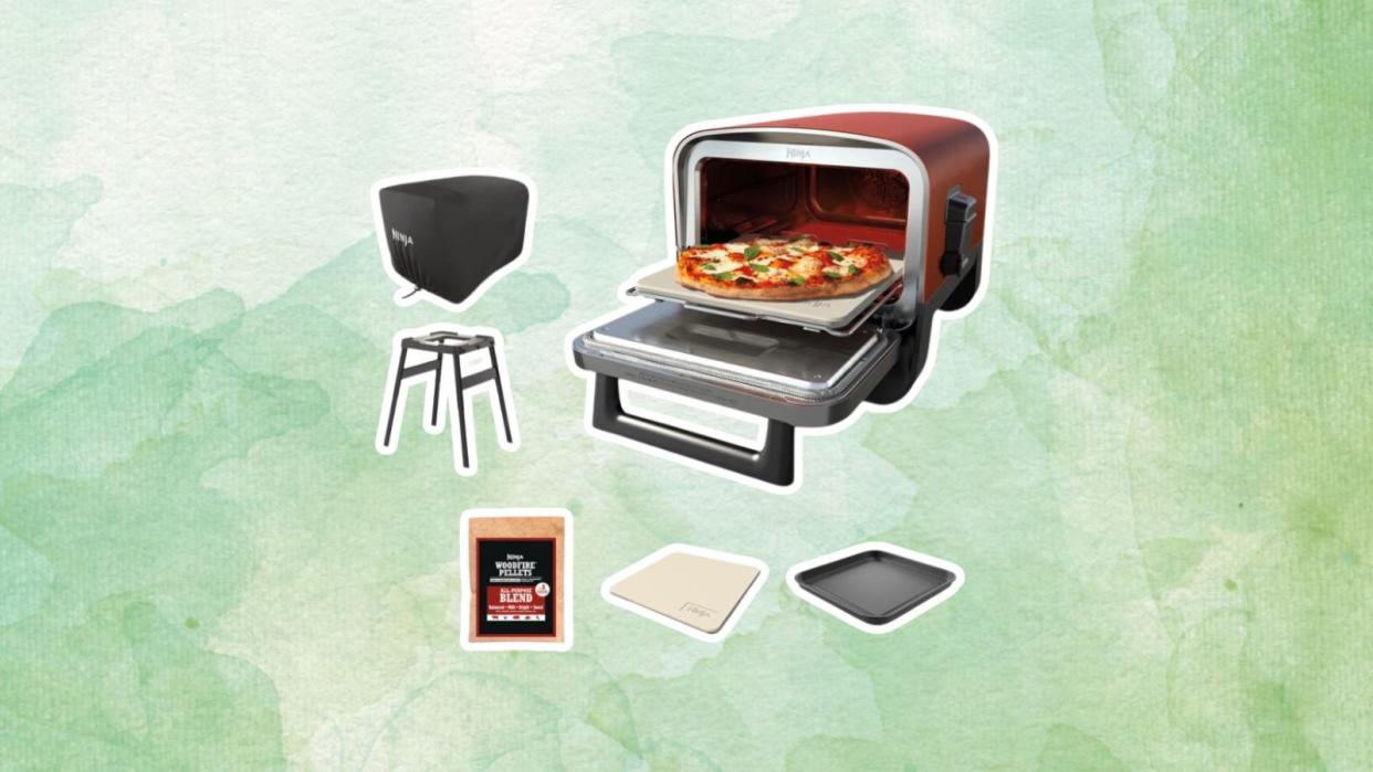  Ninja pizza oven and accessories on a green background. 
