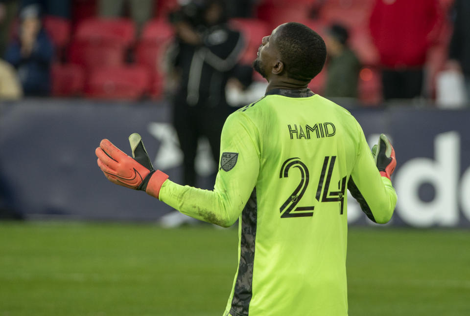 WASHINGTON, DC - MARCH 07: Bill Hamid #24 of DC United gives thanks at the end of the mtch during a game between Inter Miami CF and D.C. United at Audi Field on March 07, 2020 in Washington, DC. (Photo by Tony Quinn/ISI Photos/Getty Images)