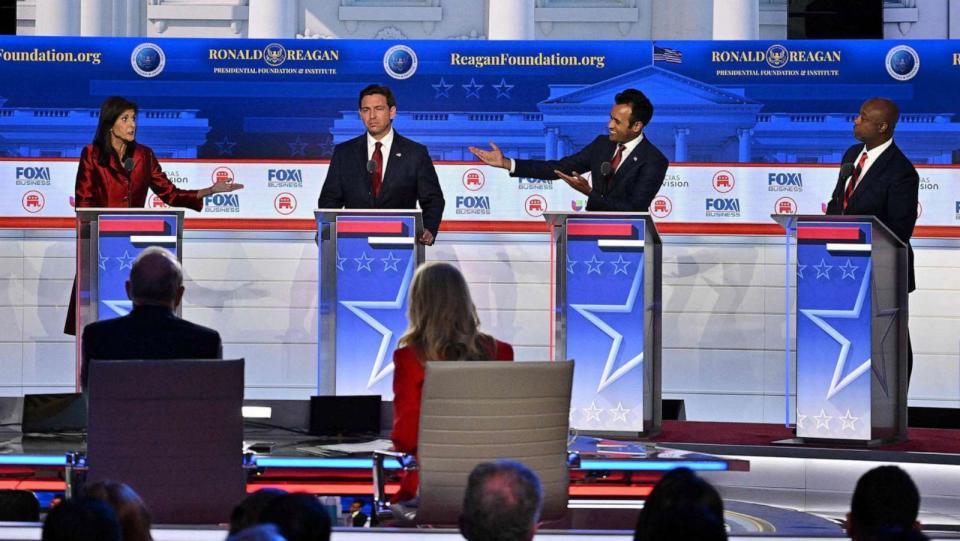 PHOTO: Republican presidential candidates attend the second Republican presidential primary debate at the Ronald Reagan Presidential Library in Simi Valley, Calif., Sept. 27, 2023. (Robyn Beck/AFP via Getty Images)