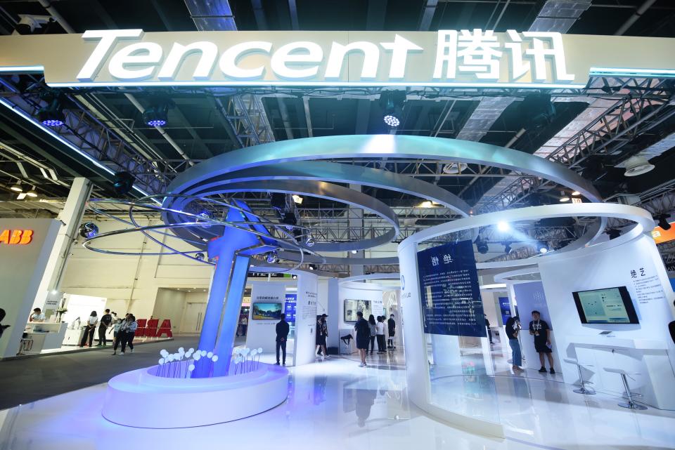 The Tencent booth is seen at the World Artificial Intelligence Conference 2021 in Shanghai, China, July 7, 2021.