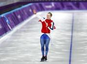 Speed Skating - Pyeongchang 2018 Winter Olympics - Men's 500m Competition Finals - Gangneung Oval - Gangneung, South Korea - February 19, 2018. Havard Lorentzen of Norway celebrates after winning a gold medal. REUTERS/John Sibley