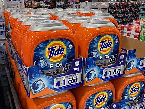 tubs of bulk tide pods on the shelves at costco