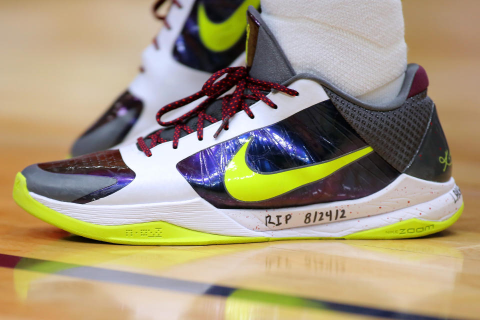 Josh Hart of the New Orleans Pelicans wears sneakers dedicated to Kobe Bryant during a game against the Boston Celtics in New Orleans on Jan. 26. Bryant's Lakers jerseys were Nos. 8 and 24. His daughter Gianna's number was 2.