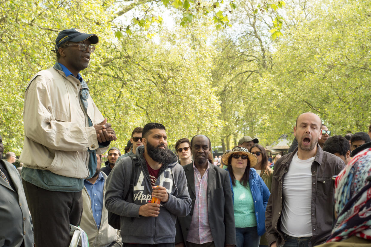 People discuss issues at a previous gathering at Speakers' Corner in Hyde Park. (Getty)