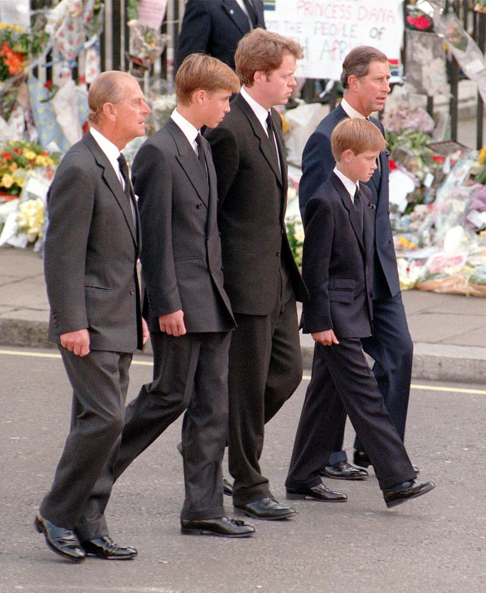 File photo dated 06/09/97 of (left to right) the Duke of Edinburgh, Prince William, Earl Spencer, Prince Harry and the Prince of Wales following the coffin of Diana, Princess of Wales, to Westminster Abbey for her funeral service. The Duke of Edinburgh has died, Buckingham Palace has announced. Issue date: Friday April 9, 2020.. See PA story DEATH Philip. Photo credit should read: Adam Butler/PA Wire