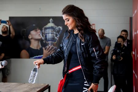 Canadian tennis player Bianca Andreescu speaks with the news media about her win at the U.S. Open