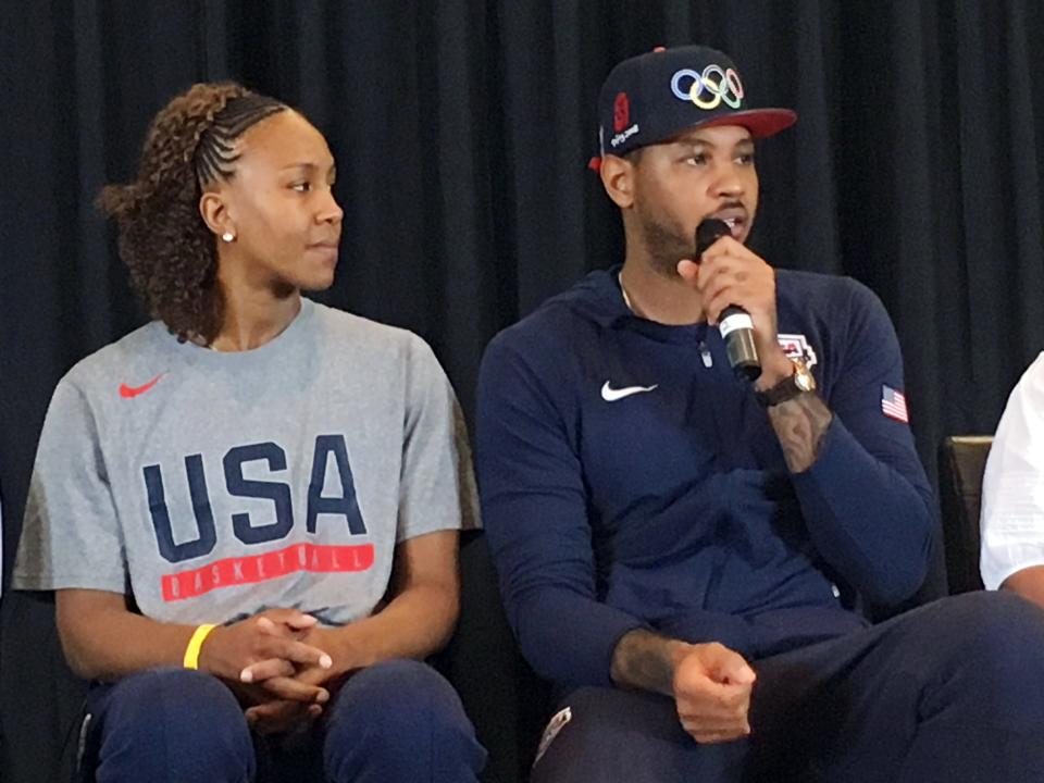 During preparations for the 2016 Rio Olympics, Tamika Catchings and Carmelo Anthony conducted a town hall meeting at a South Los Angeles youth center. Catchings and Anthony spoke with teenagers about the importance of respect, communication and safety.