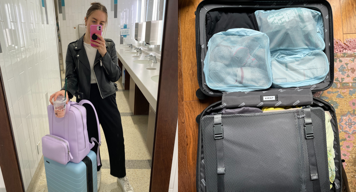 travel must-haves, split screen of kayla kuefler, brunette woman in leather jacket with blue suitcase and purple backpack and away suitcase with packing cubes