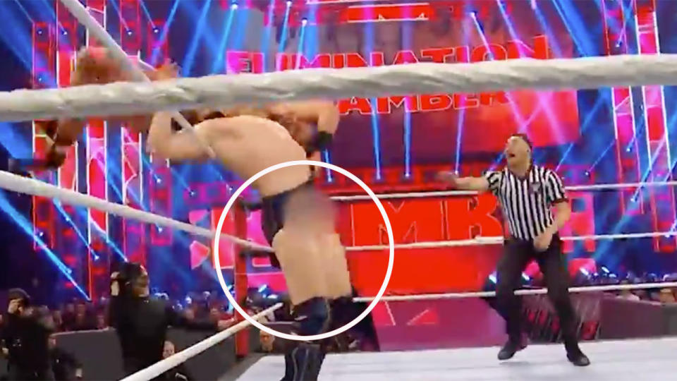 Pictured here, one of the wardrobe malfunctions Daniel Bryan suffered at WWE Elimination Chamber.