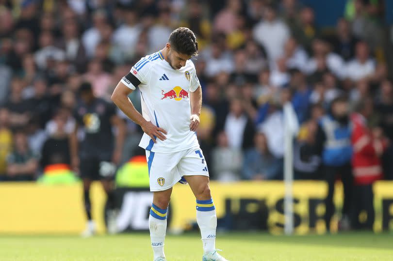 Manor Solomon looks dejected after Luca Koleosho scored the winning goal during the Sky Bet Championship match between Leeds United and Burnley at Elland Road