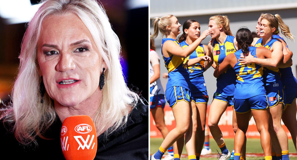 Pictured Dani Laidley and West Coast AFLW team celebrating a goal