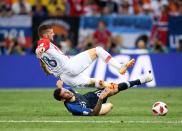 <p>Lucas Hernandez of France tackles Ante Rebic of Croatia. (Photo by Laurence Griffiths/Getty Images) </p>