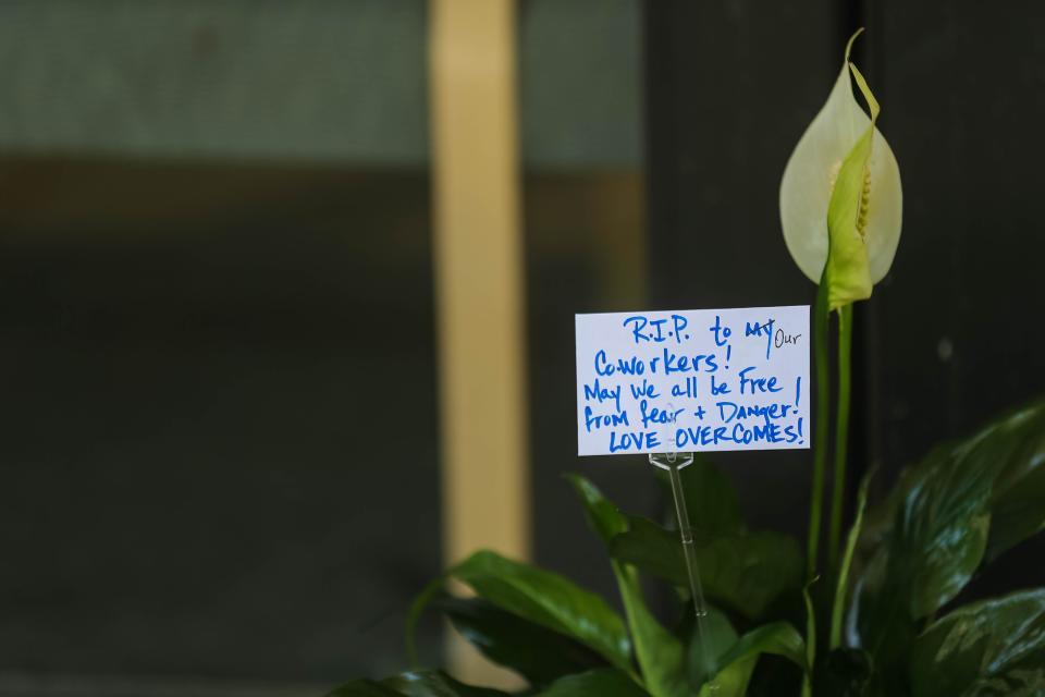 A small memorial was left at the Natalie Medical Building on Thursday, a day after a gunman entered the medical facility and killed four on Wednesday on the Saint Francis Hospital campus in Tulsa.