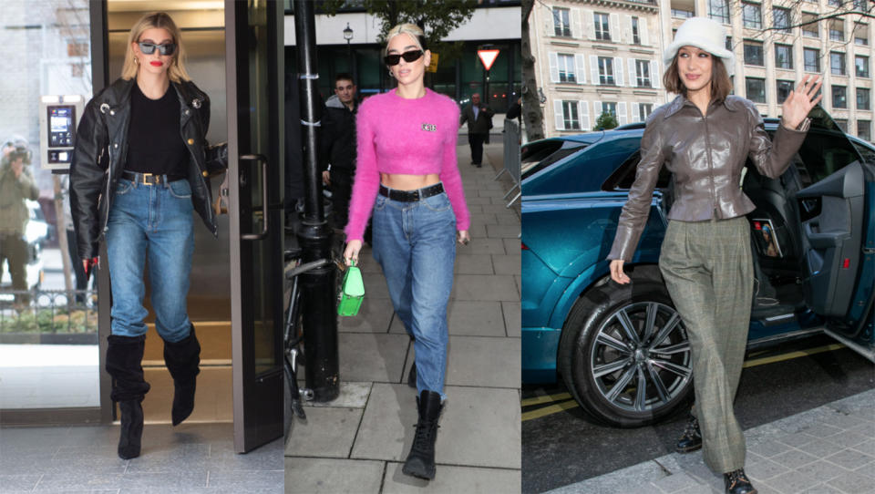 Looks I would never think to put together. (From left: Hailey Bieber, Dua Lipa and Bella Hadid. Images via Getty Images). 