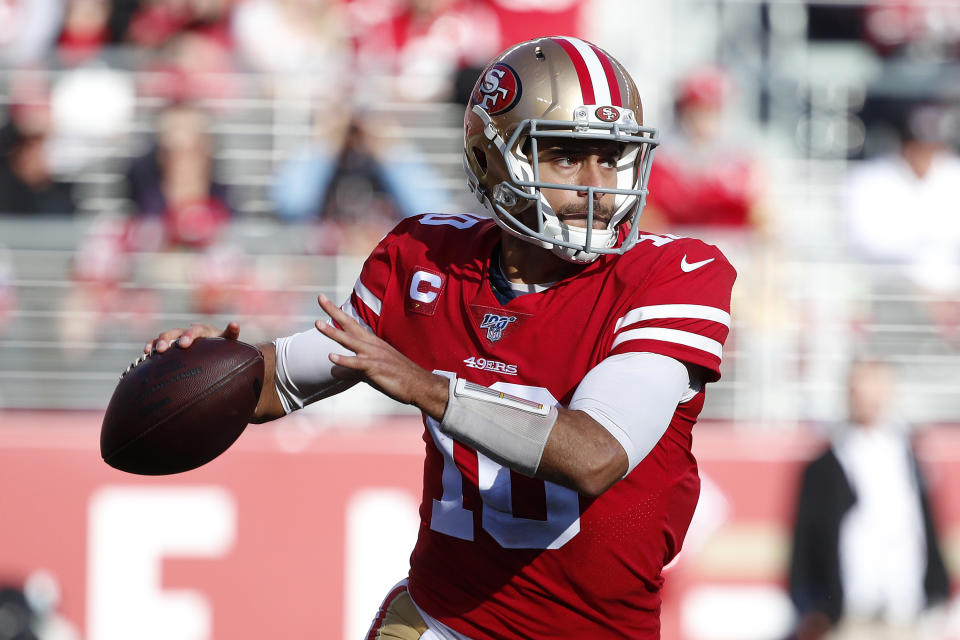 San Francisco 49ers quarterback Jimmy Garoppolo (10) looks to pass against the Atlanta Falcons during the first half of an NFL football game in Santa Clara, Calif., Sunday, Dec. 15, 2019. (AP Photo/Josie Lepe)