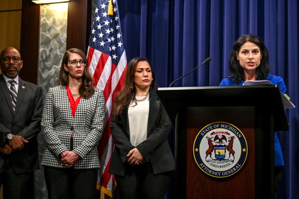 Michigan Attorney General Dana Nessel announces charges in a public integrity investigation during a news conference on Thursday, Dec. 21, 2023, at the G. Mennen Williams Building in downtown Lansing.