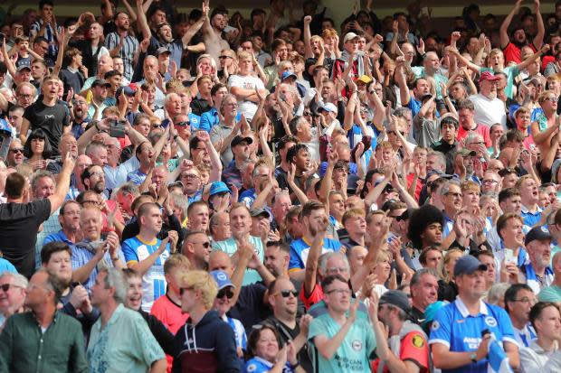 Brighton fans enjoy the 2-1 win at Old Trafford. Picture by Richard Parkes