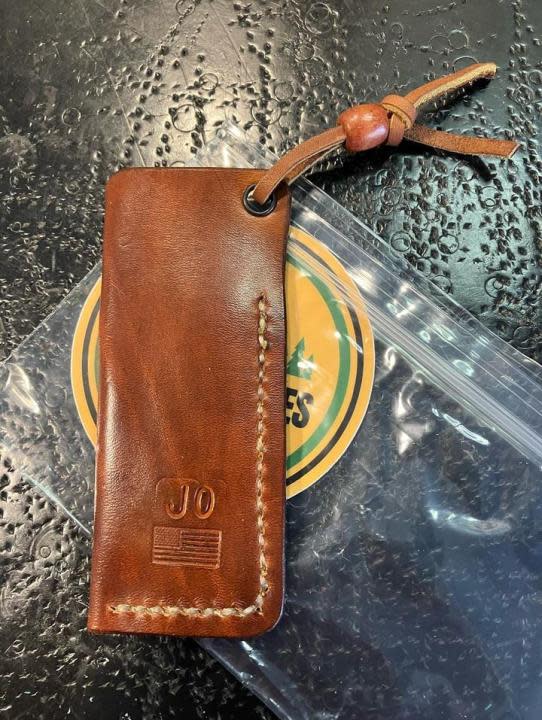 A leather slip for a Victorinox Recruit. Photos from J.O. Ventures Outdoors