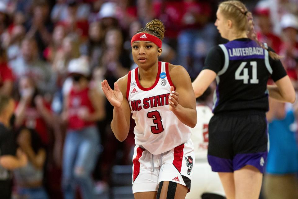 North Carolina State's Kai Crutchfield (3) reacts to a play during the second half of a college basketball game against Kansas State in the second round of the NCAA tournament in Raleigh, N.C., Monday, March 21, 2022. (AP Photo/Ben McKeown)