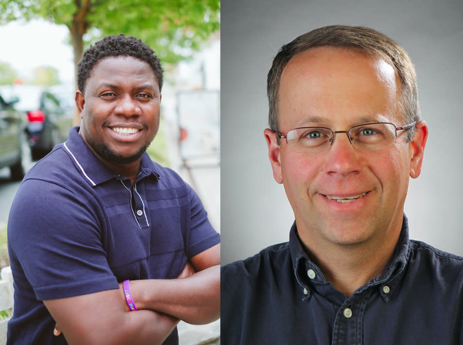 A photo of Eze Amos (left) by Eric Kelly and a photo of Robert Cohen (right) by Stephanie Cordle Frankel.