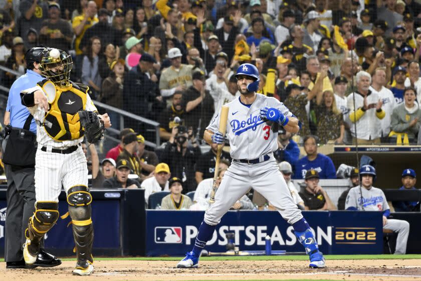 San Diego, CA - October 15: Los Angeles Dodgers' Chris Taylor reacts after striking out during the second inning in game 4 of the NLDS against the San Diego Padres at Petco Park on Saturday, Oct. 15, 2022 in San Diego, CA. (Wally Skalij / Los Angeles Times)