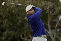 Jason Day of Australia, watches his tee shot on the 10th hole during the first round of the PGA Championship golf tournament at TPC Harding Park Thursday, Aug. 6, 2020, in San Francisco. (AP Photo/Jeff Chiu)