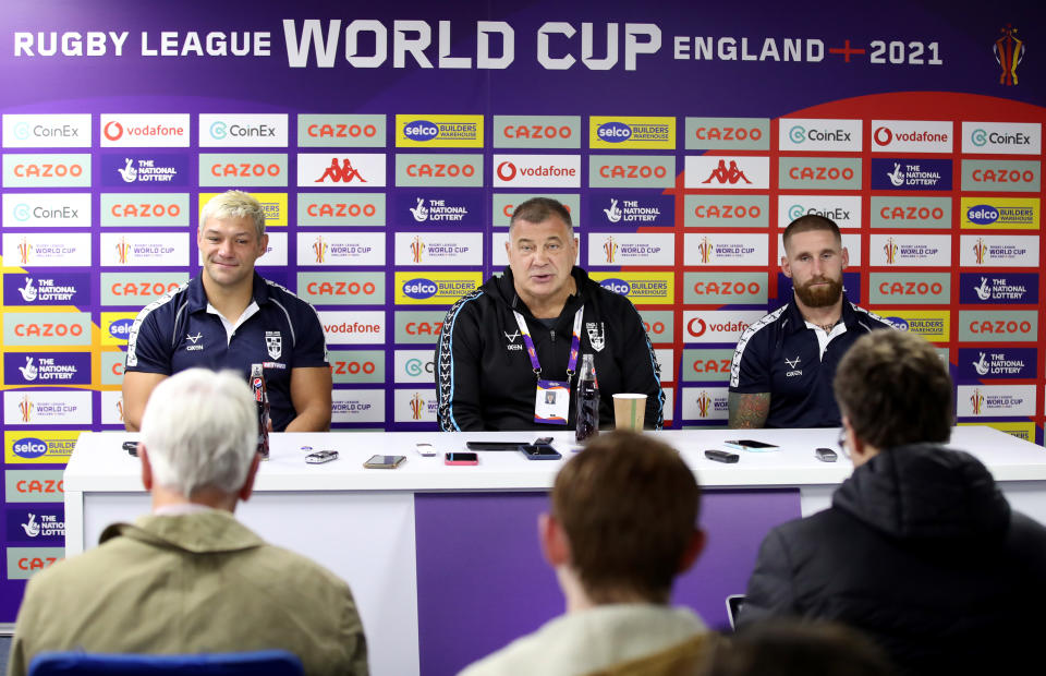 BOLTON, ENGLAND - OCTOBER 22: England coach Shaun Wane, Ryan Hall and Sam Tomkins answer questions from the press following  during the Rugby League World Cup 2021 Pool A match between England and France at University of Bolton Stadium on October 22, 2022 in Bolton, England. (Photo by Jan Kruger/Getty Images for RLWC)