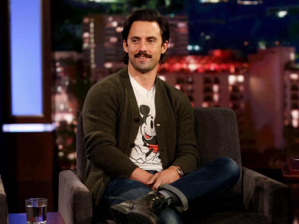 milo ventimiglia on jimmy kimmel wearing a disney shirt