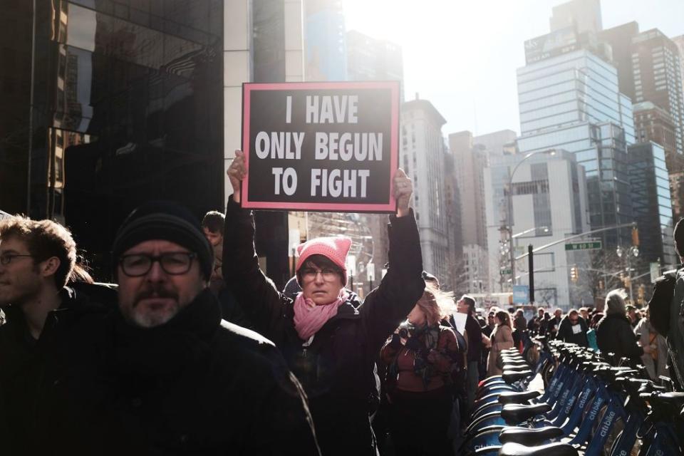 new york, ny january 20 thousands of men and women hold signs and rally while attending the womens march on january 20, 2018 in new york, united states across the nation hundreds of thousands of people are marching on what is the one year anniversary of president donald trumps swearing in to protest against his past statements on women and to celebrate womens rights around the world photo by spencer plattgetty images