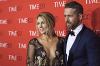 Blake Lively and Ryan Reynolds attend the TIME 100 Gala, celebrating the 100 most influential people in the world, at Frederick P. Rose Hall, Jazz at Lincoln Center on Tuesday, April 25, 2017, in New York. (Photo by Charles Sykes/Invision/AP)