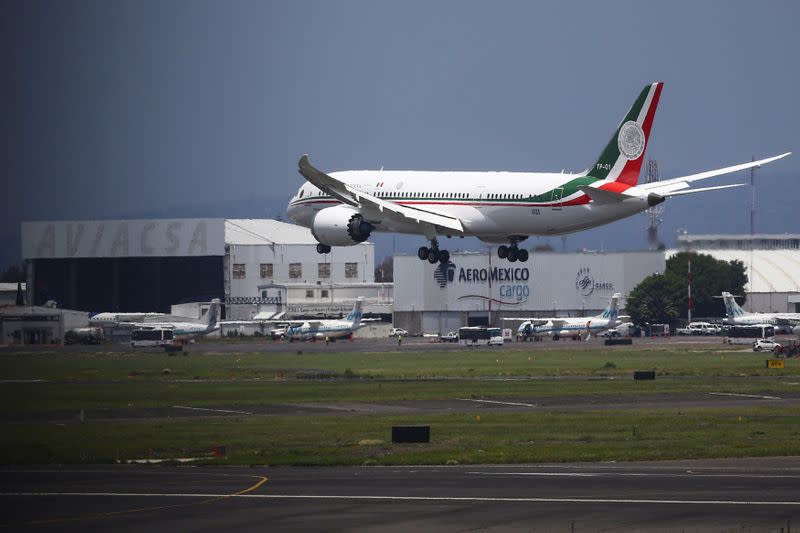 Mexico's presidential plane, which President Andres Manuel Lopez Obrador is selling, lands at Benito Juarez international airport during its return from California, in Mexico City