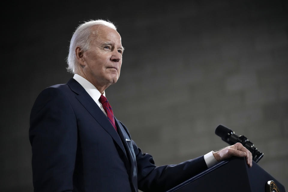 FILE - President Joe Biden pauses as he speaks at the Steamfitters Local 602 in Springfield, Va., Thursday, Jan. 26, 2023. Biden's political challenges are not confined to voters in the middle. In the days since he launched his reelection campaign with a low-profile video this/last week, key members of the sprawling political coalition that narrowly lifted him over former President Donald Trump in 2020 are far from excited about the prospect of four more years. (AP Photo/Andrew Harnik, File)