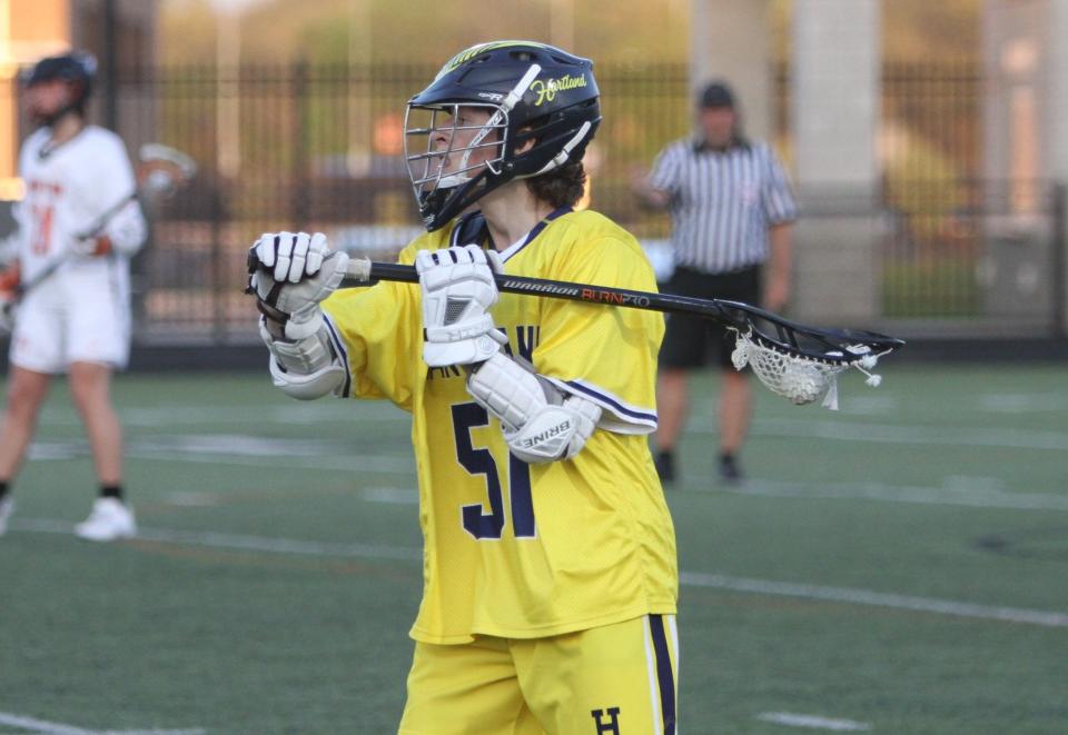 Hartland's Dylan Ayotte had six goals and one assist in a 16-1 victory over Livonia in the KLAA championship boys lacrosse game.