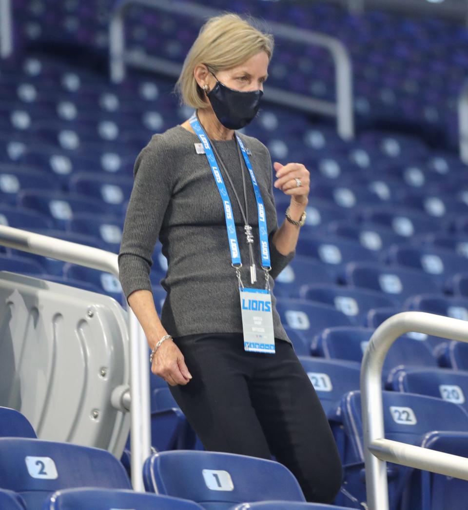 Lions owner Sheila Ford Hamp makes her way to the field before the game against the Saints on Sunday, Oct. 4, 2020, at Ford Field.