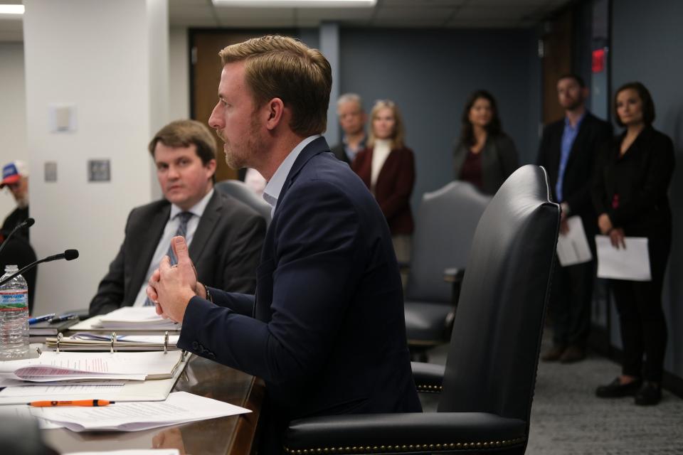 The Tulsa Public Schools administration team listens as Superintendent Ryan Walters speaks during the monthly meeting of the Oklahoma State Board of Education at the Oliver Hodge Building in the Capitol complex in Oklahoma City, Thursday, Dec. 21, 2023.