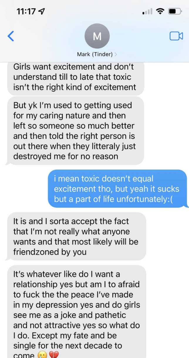 A guy messaging a woman about how women only want toxic men and relationship instead of nice guys like him
