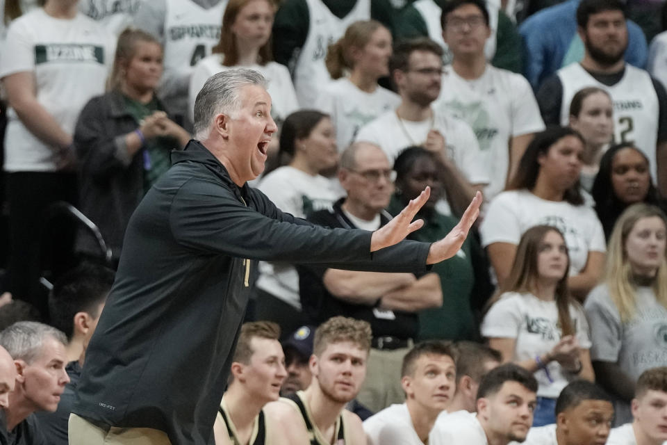 Purdue head coach Matt Painter yells from the sideline during the first half of an NCAA college basketball game against Michigan State, Monday, Jan. 16, 2023, in East Lansing, Mich. (AP Photo/Carlos Osorio)