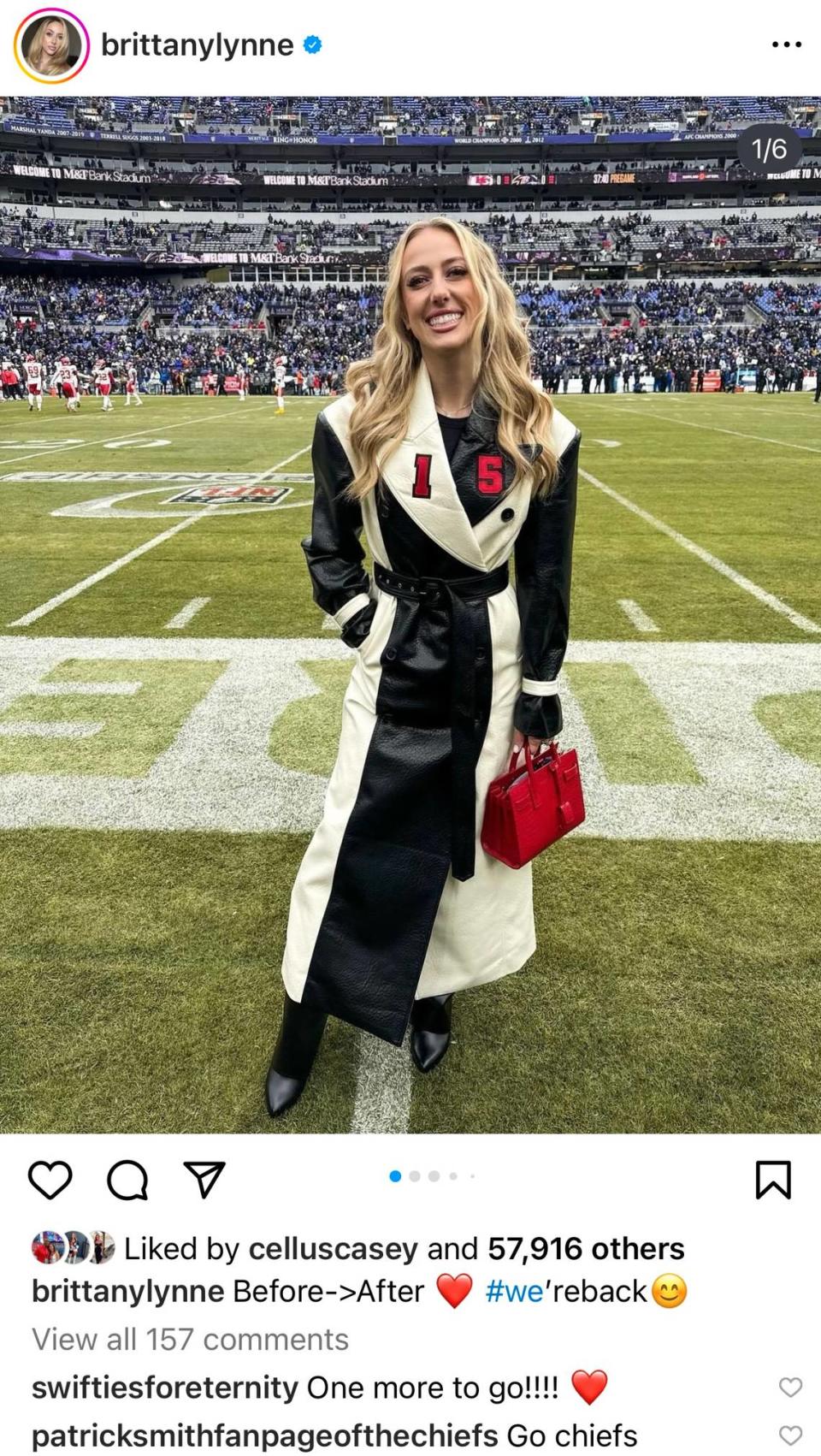 Brittany Mahomes, wife of Chiefs quarterback Patrick Mahomes, wore a custom coat to the Chiefs-Ravens game Sunday.