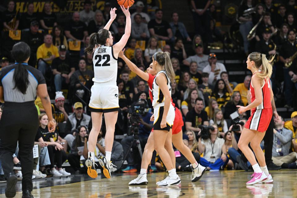 Iowa guard Caitlin Clark shoots a 3-pointer against Ohio State on Sunday.