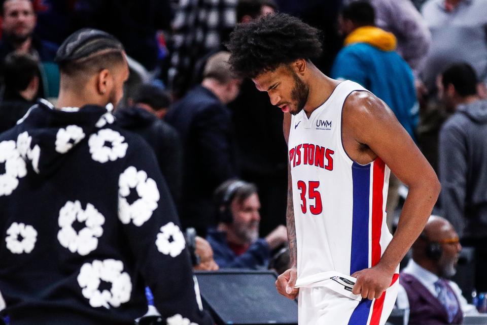 Detroit Pistons forward Marvin Bagley III (35) walks off the court after the 119-111 loss to the Utah Jazz at Little Caesars Arena in Detroit on Thursday, Dec. 21, 2023.