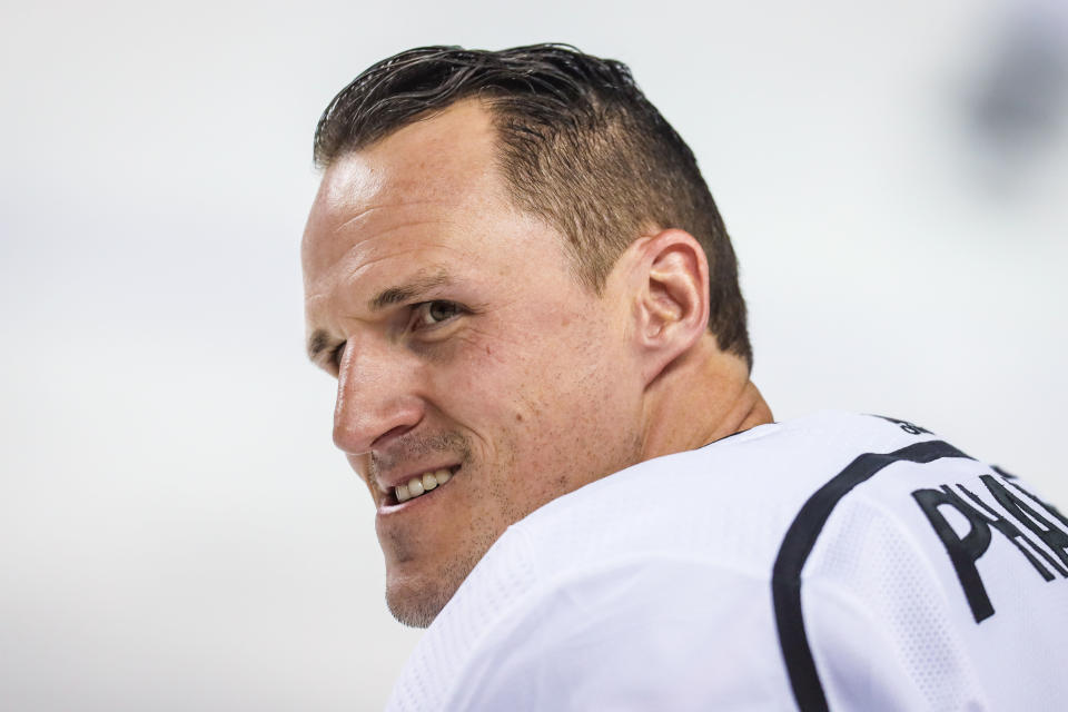 Mar 25, 2019; Calgary, Alberta, CAN; Los Angeles Kings defenseman Dion Phaneuf (3) looks on during warm ups prior to the game against the Calgary Flames at Scotiabank Saddledome. Mandatory Credit: Sergei Belski-USA TODAY Sports