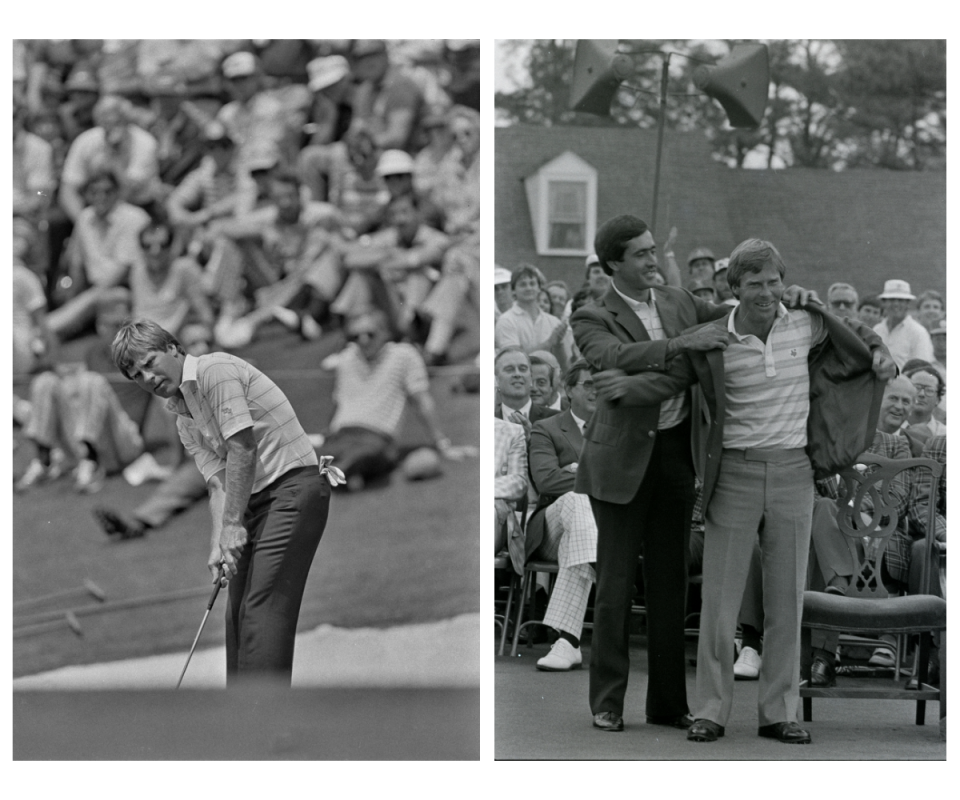 LEFT: Ben Crenshaw at the Augusta National Golf Course during the 1984 Masters. RIGHT: Seve Ballesteros presents 1984 Masters winner Ben Crenshaw with the green jacket.