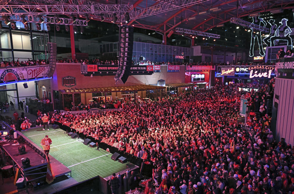 Kansas City Chiefs fans gather during a Super Bowl 58 watch party at the Power and Light District, Sunday, Feb. 11, 2024, in Kansas City, Mo. (AP Photo/Peter Aiken)