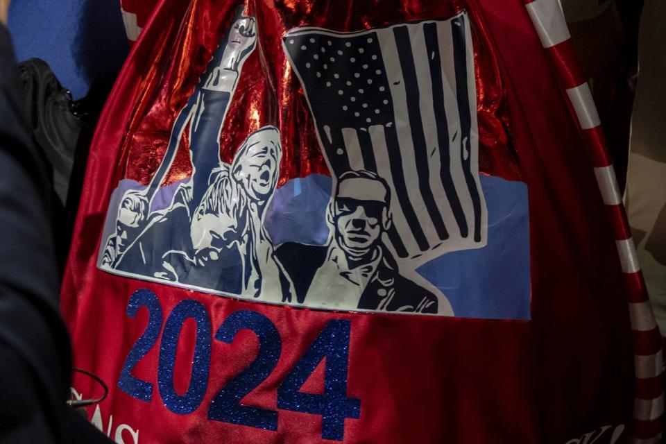 A dress eaturing the assassination-attempt photo seen on a woman's dress at the Republican National Convention. 